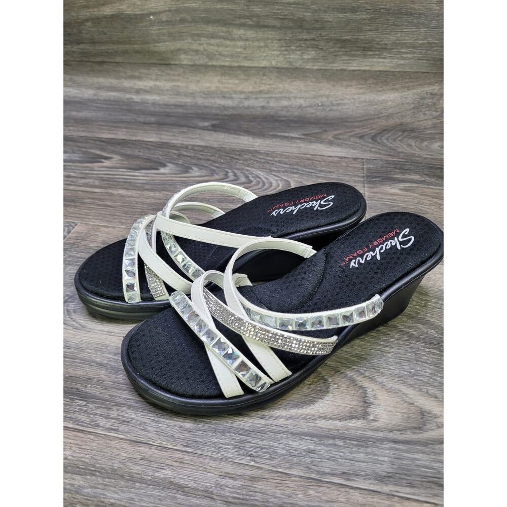 Skechers Black Footbed White Strappy Crystal Slip-On Wedge Sandals